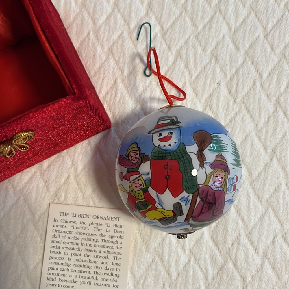Li Bien Christmas glass ball ornament, hand painted, snowman scene